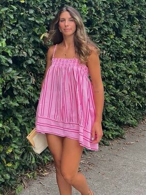 Free People Pink vertical Striped Dress/Tunic top Sundress W/ Pockets